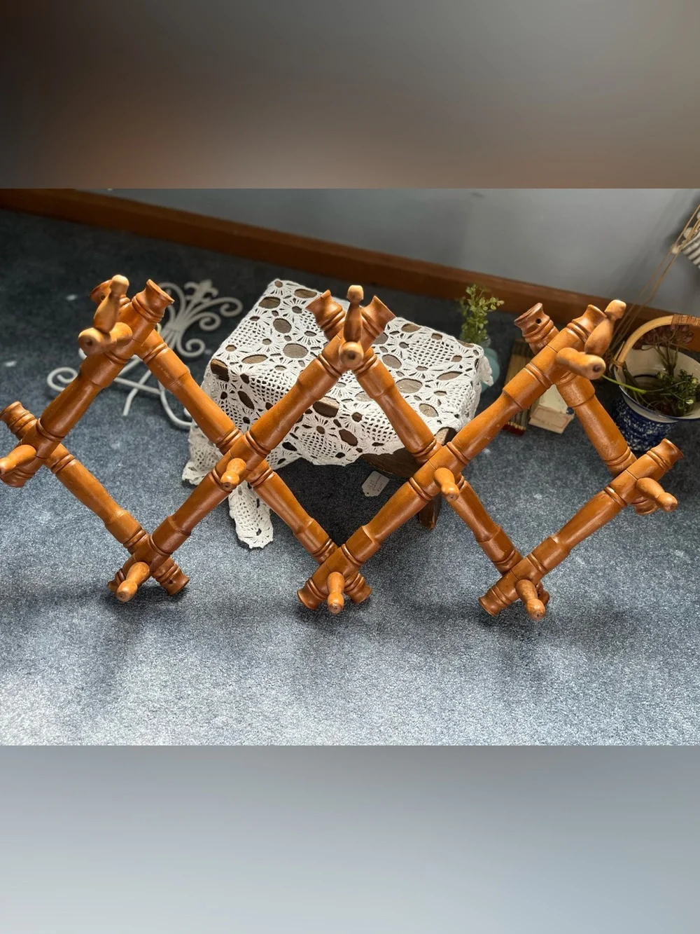 Antique French wooden bamboo style accordion rack-adjustable & very sturdy